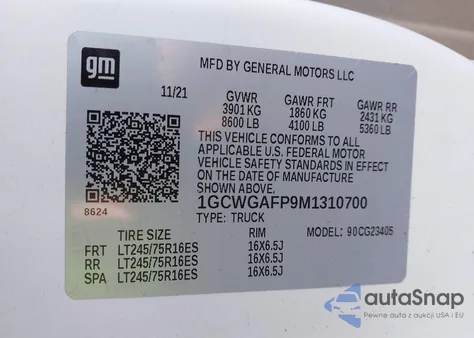 2021 Chevrolet Express Cargo Rwd 2500 Regular Wheelbase Wt из США, поврежденный, VIN 1GCWGAFP9M1310700